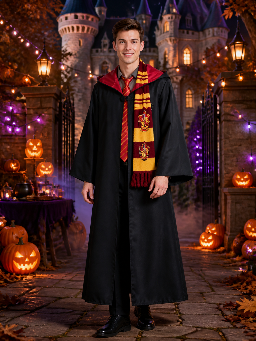 Wizard Costume Set, Long Hooded Robe with Tie and Scarf, Red and Gold Trim Costumes detail 2