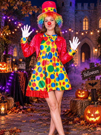 Adult Clown Costume with Dress, Hat, and Cape