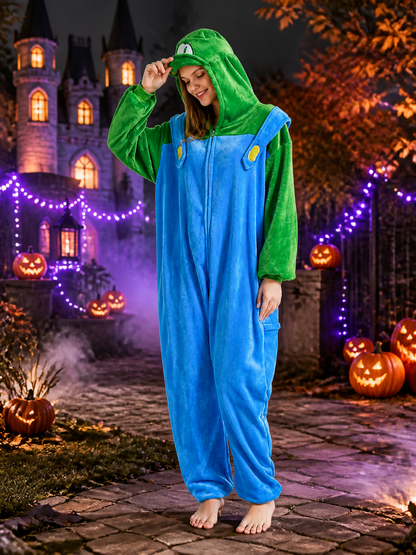 Blue And Green Hooded Cartoon Animal Jumpsuit Costume With Yellow Chest Details Costumes detail 2