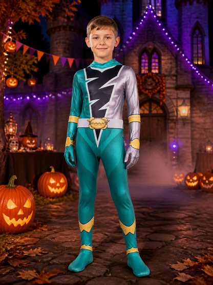 Unisex Knight Dragon Hooded Jumpsuit Costume with Lightning Print for Halloween on-model Halloween scene view