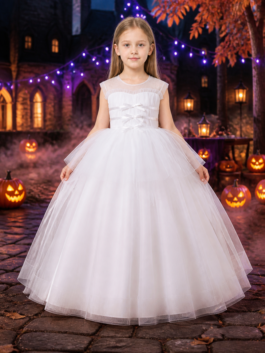 Girls' White Princess Dress, Sleeveless Layered Tulle Floor-Length Gown