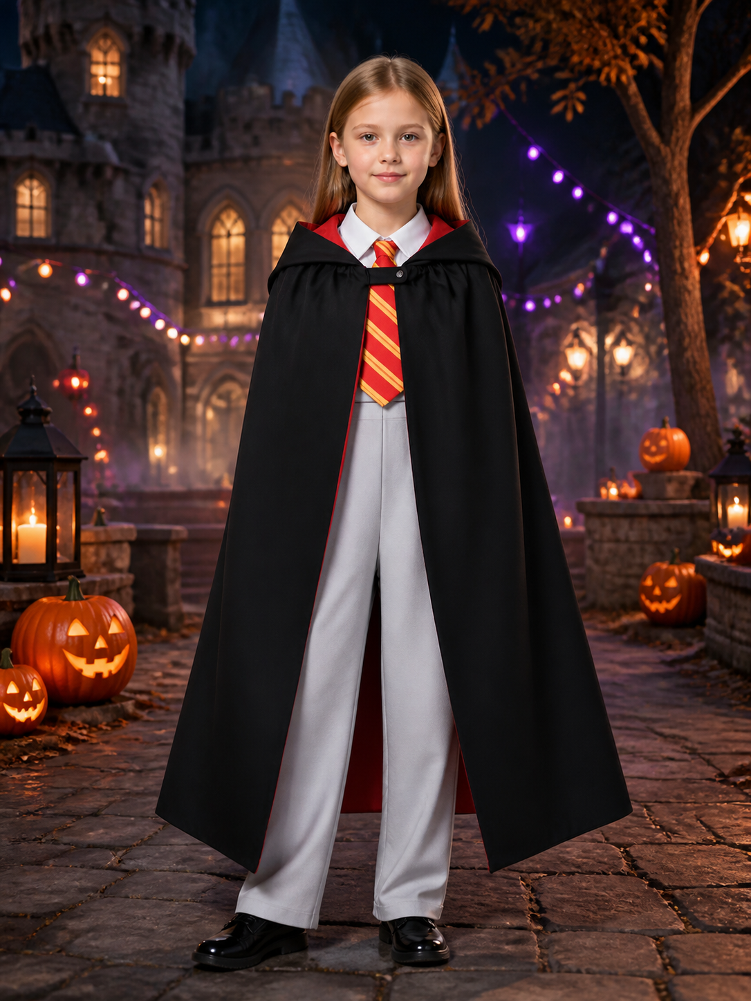 Girls Wizard Robe Costume Set with Hooded Cape, Red Trim, Tie and Pants Costume Capes detail 2