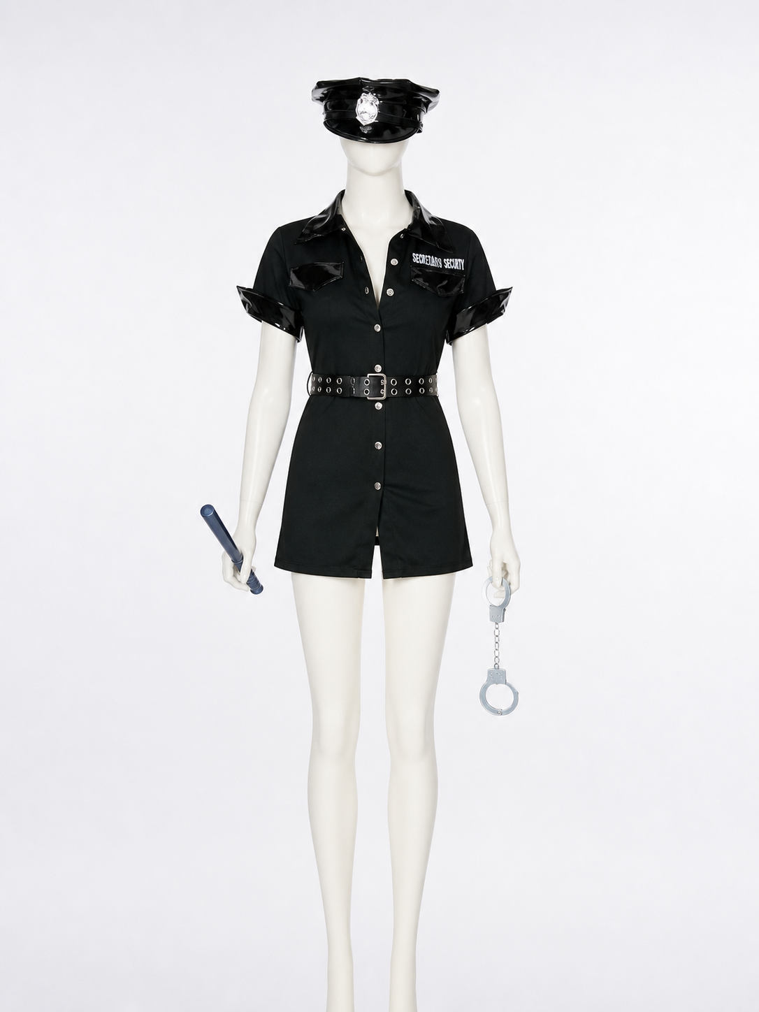 Women's Police Costume Set, Short-Sleeve Collared Bodysuit Dress with Belt, Hat