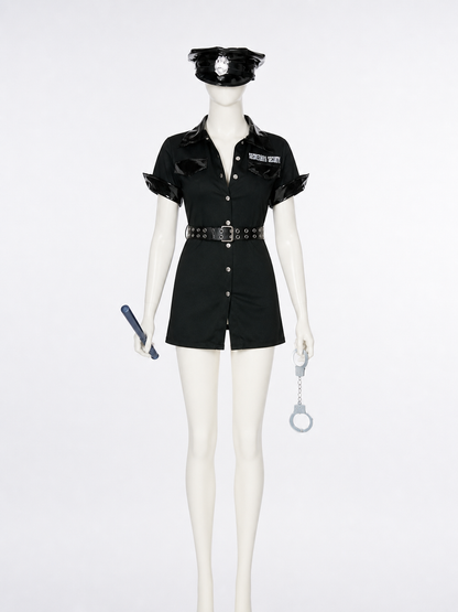 Women's Police Costume Set, Short-Sleeve Collared Bodysuit Dress with Belt, Hat