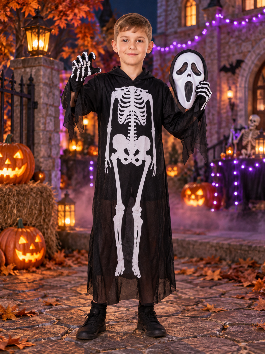 Kids' Skeleton Carnival Costume with Mask and Gloves