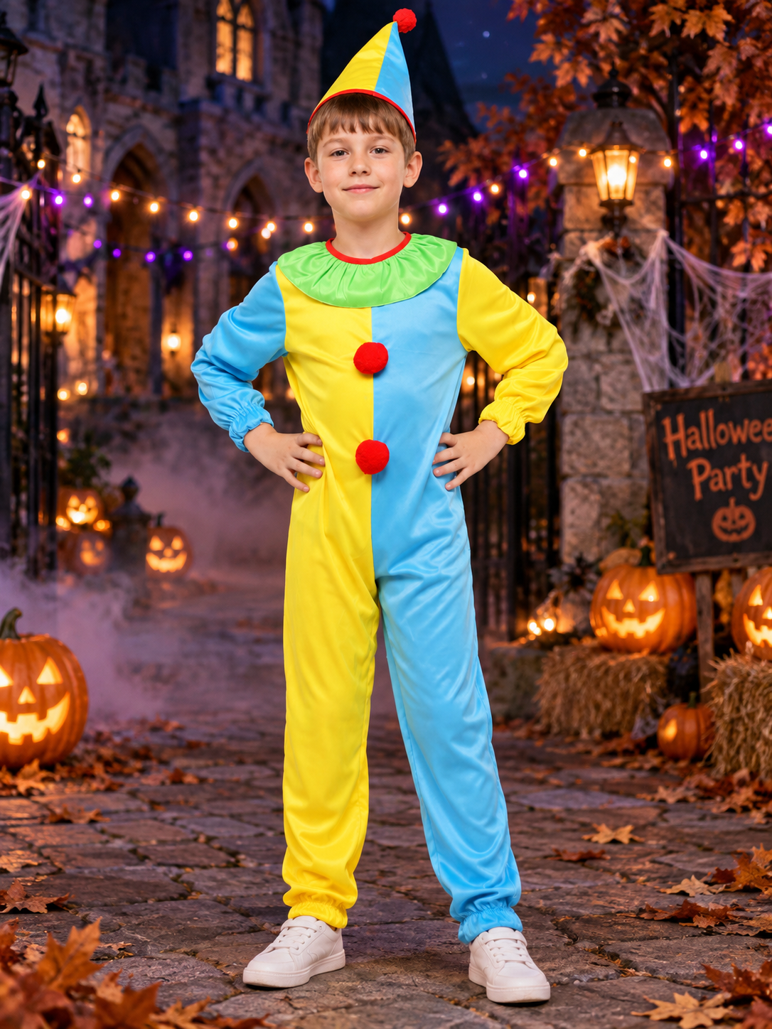 Kids' Clown Costume: Jumpsuit and Hat, Blue and Yellow