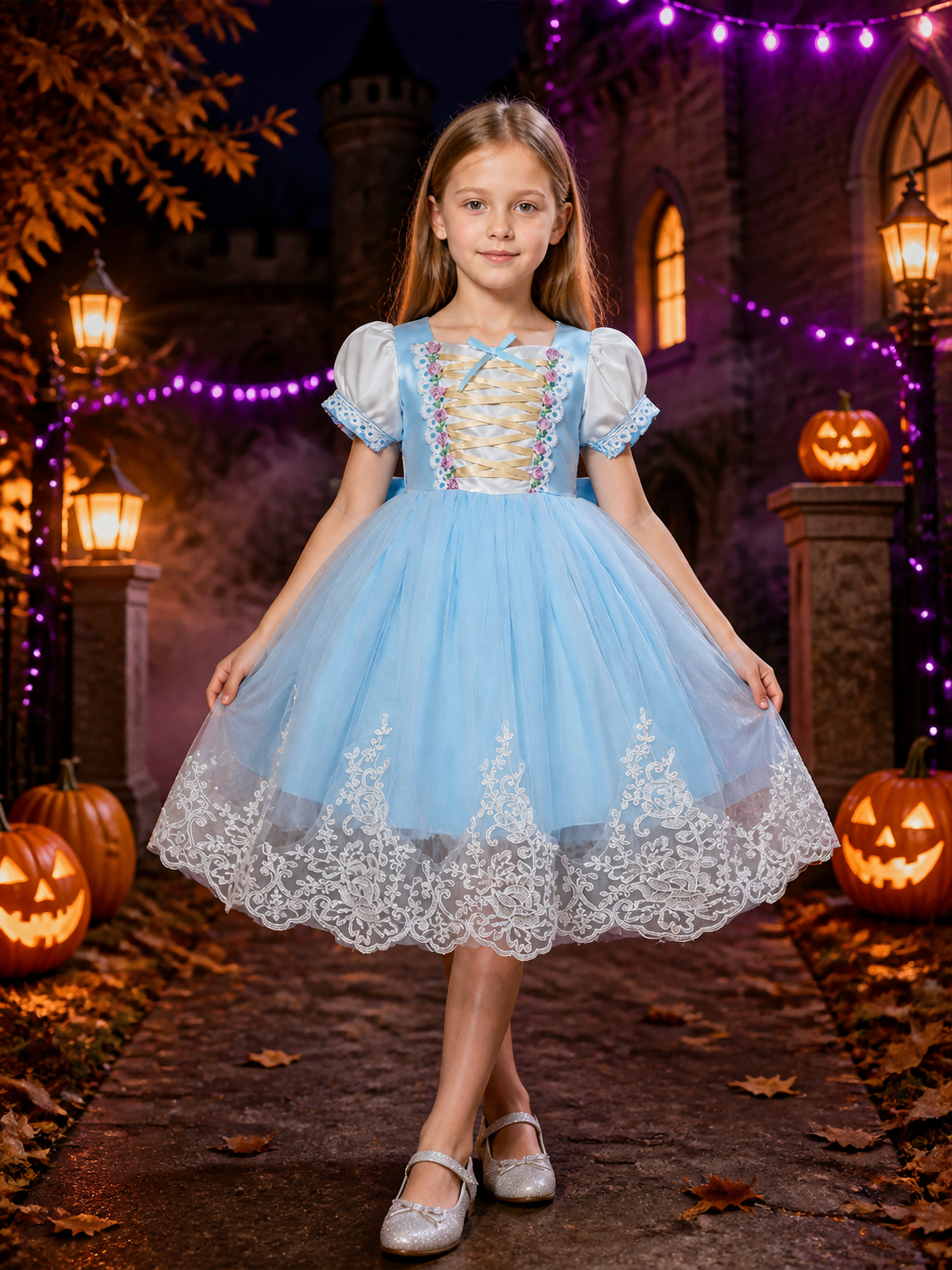 Girls' Sky Blue Princess Dress, Puff Sleeve Tulle Dress With Bow And Lace Trim Costume Dresses detail 2