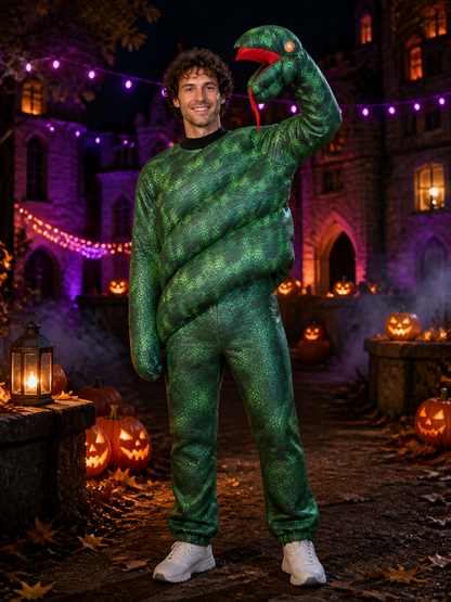 Green Long-Neck Dinosaur Jumpsuit Costume with 3D Head, Halloween Party Outfit Costumes detail 2