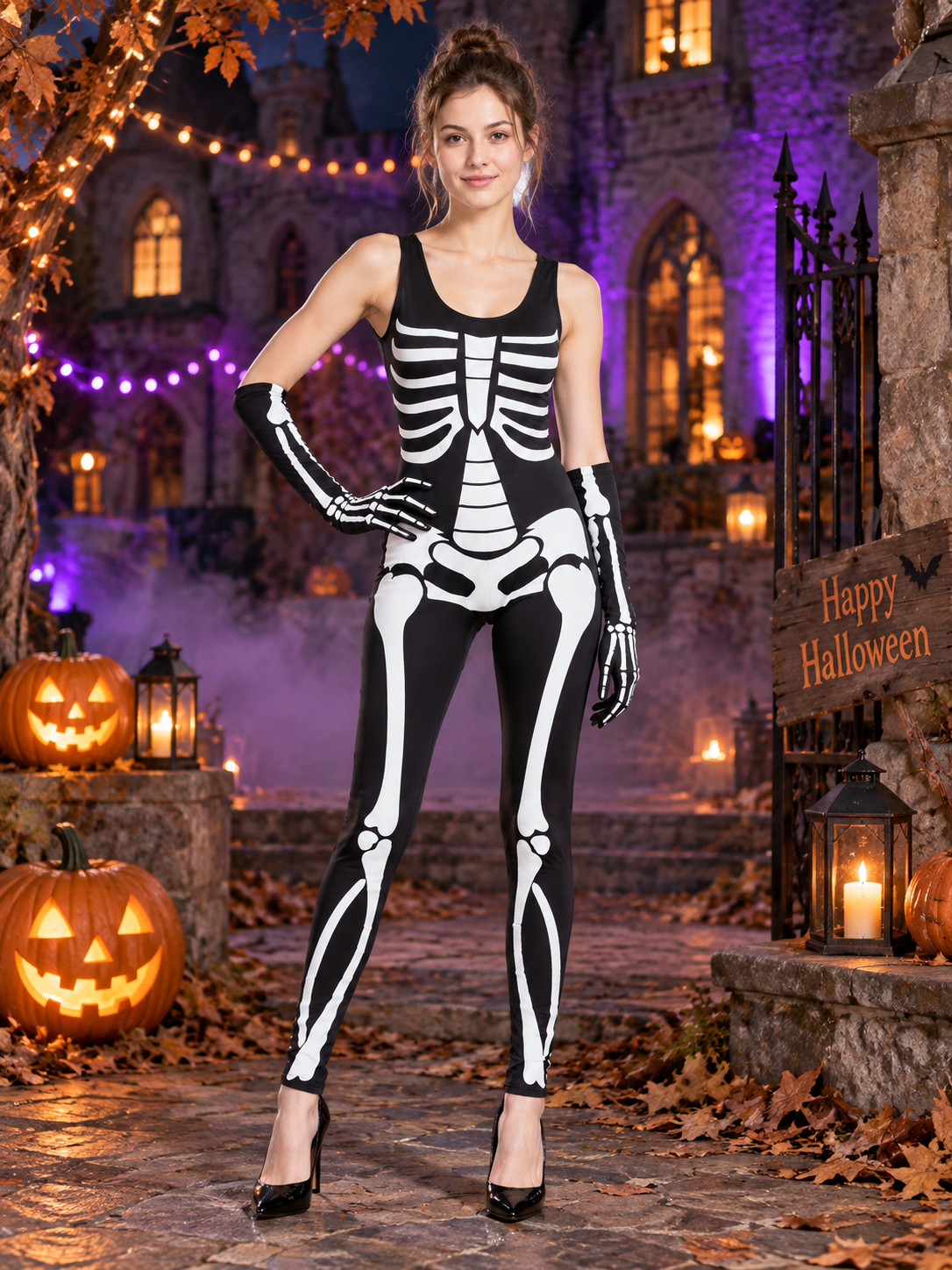 Black and white skeleton costume with gloves