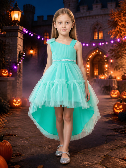 Girls' Mint Green Princess Dress, One-Shoulder Tulle Gown With Pearl Waist Costume Dresses detail 2