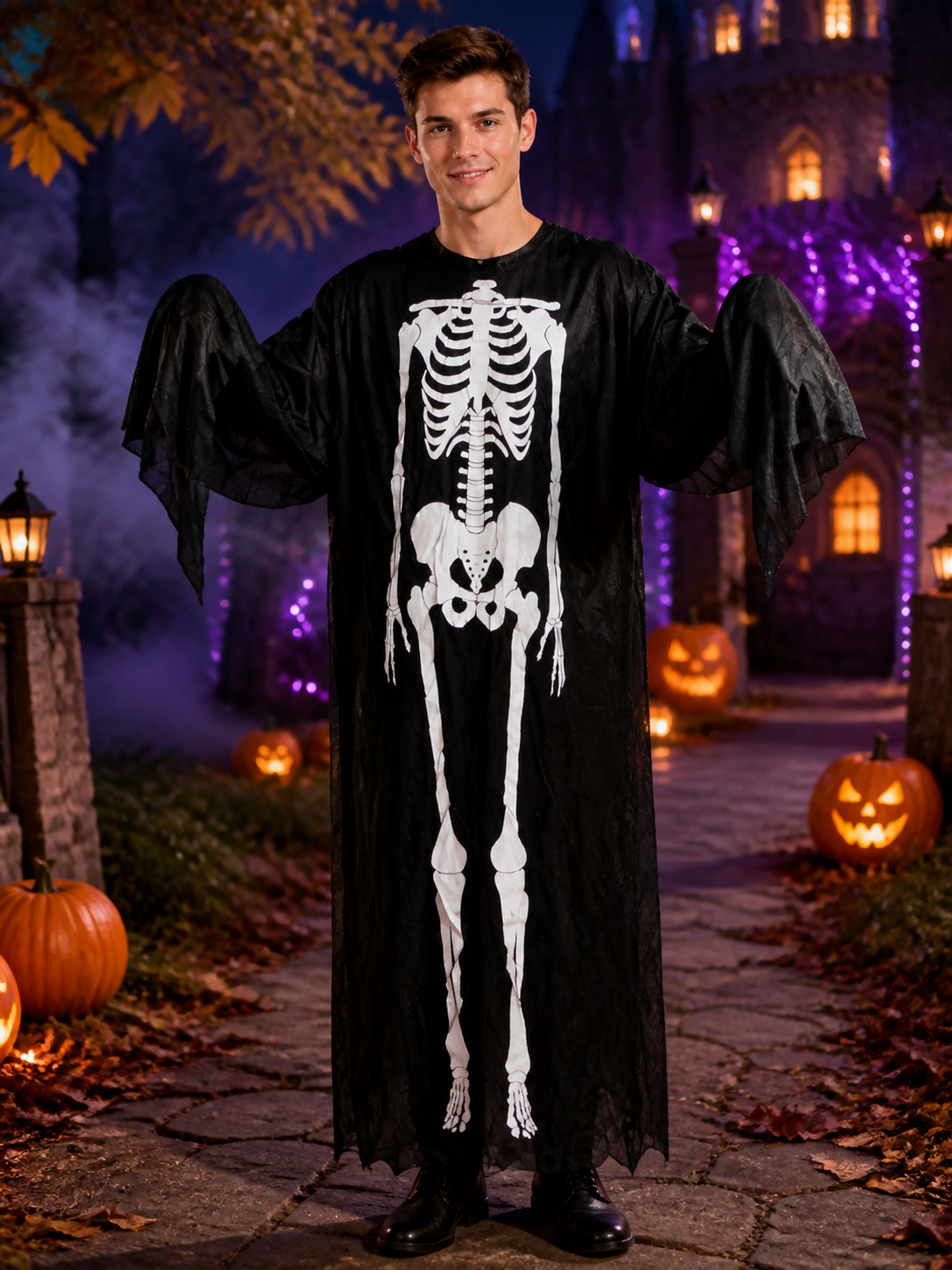 Skeleton Jumpsuit Costume, Long Black And White Draped-Sleeve Halloween Outfit Costumes detail 2