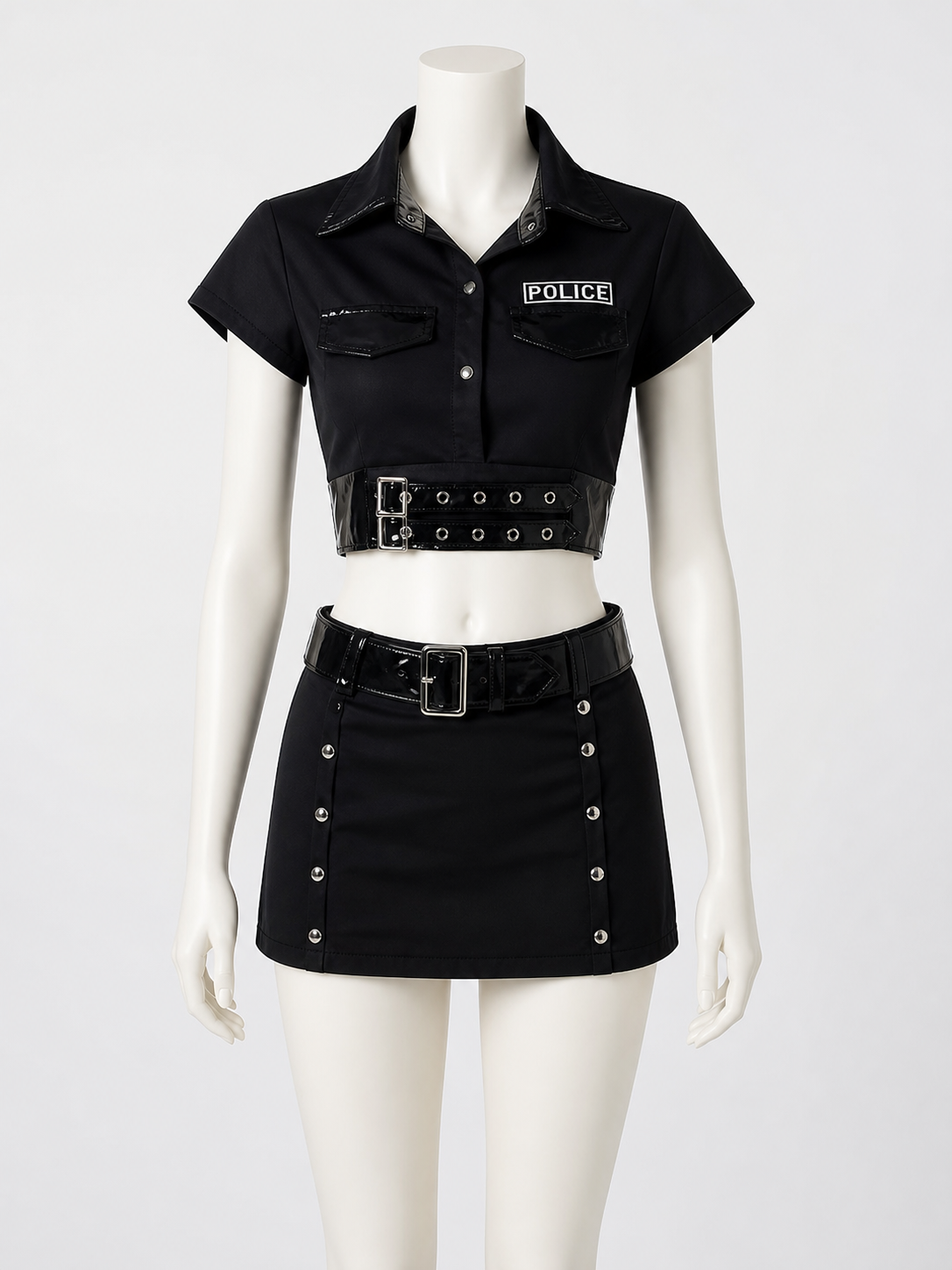 Women's Police Officer Costume Set, Black Crop Top with Skirt, Sexy Halloween Costumes detail 2