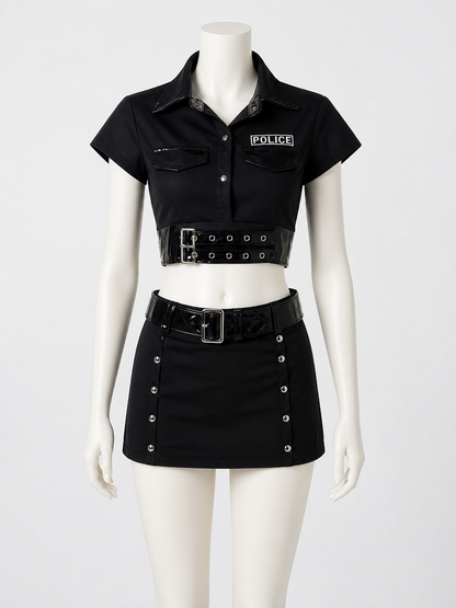Women's Police Officer Costume Set, Black Crop Top with Skirt, Sexy Halloween Costumes detail 2