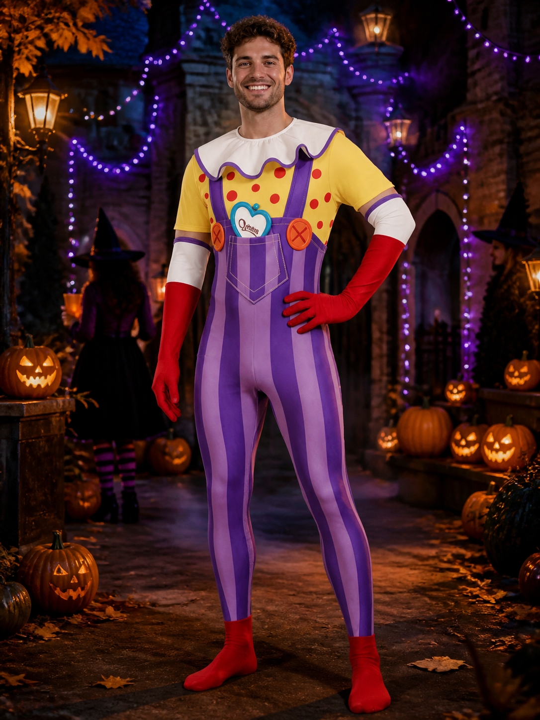 Clown Jumpsuit Costume With Purple Striped Overalls & White Ruffled Collar on-model Halloween scene view