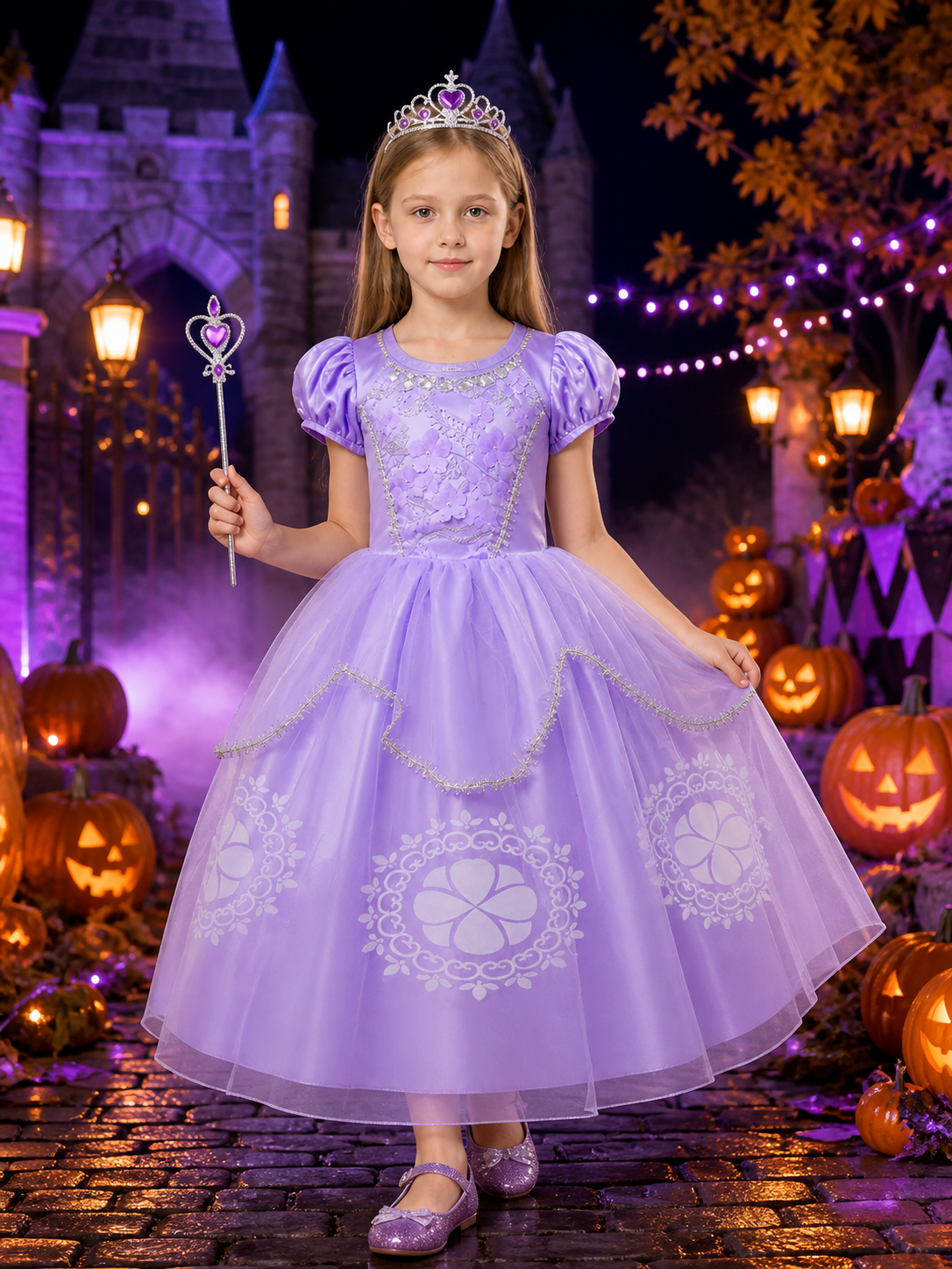 Girls Sophia Princess Dress Costume Set with Crown and Wand, Floral Embroidered Costume Dresses detail 2