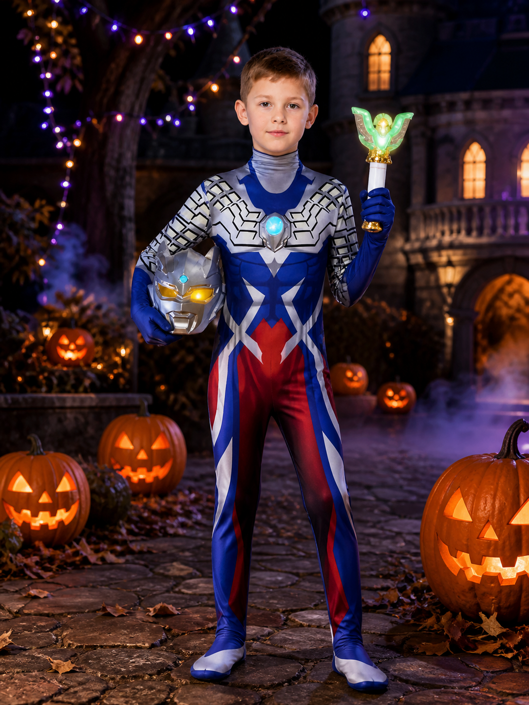 Kids' Light-Up Sci-Fi Armor Cosplay Costume Set, Blue Silver White with Helmet & Costumes detail 2