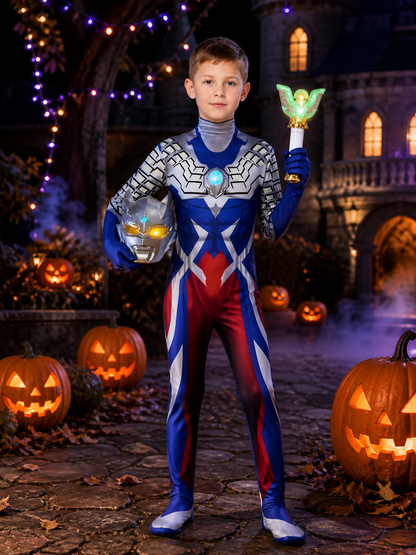 Kids' Light-Up Sci-Fi Armor Cosplay Costume Set, Blue Silver White with Helmet & Costumes detail 2
