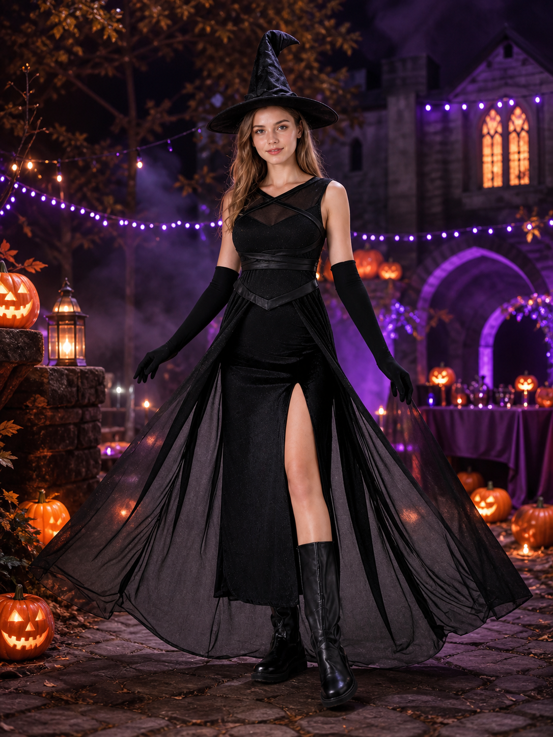 Witch Costume with Long Gloves and Hat Costume Headwear detail 2