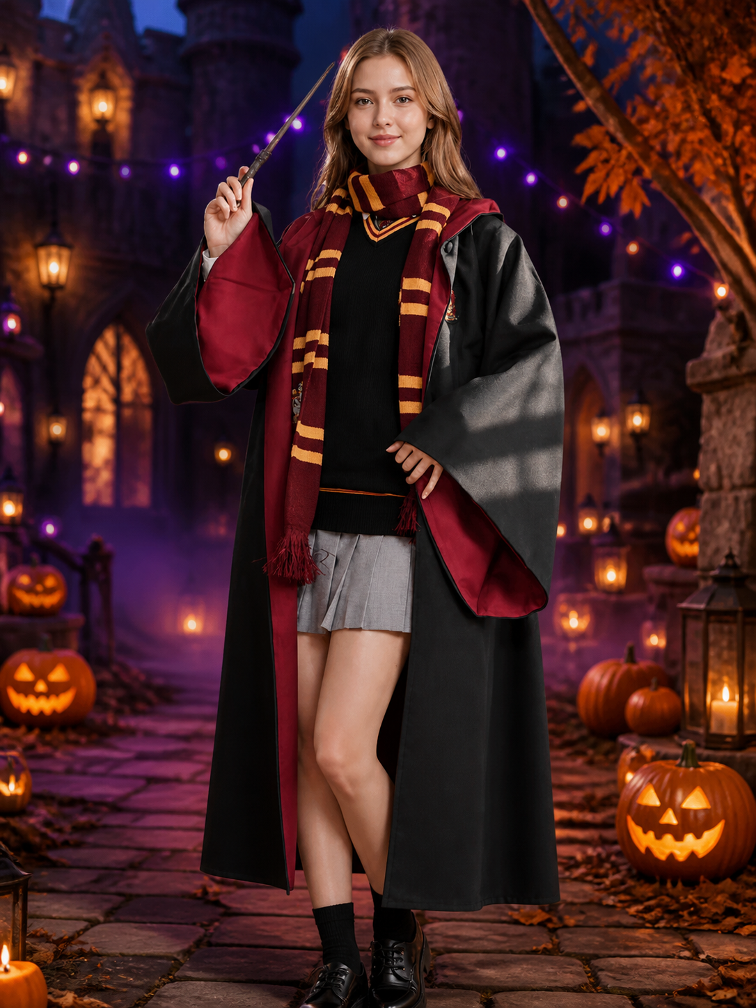 Halloween Wizard Robe Costume Set with Red and Gold Striped Scarf, Black Cloak Costume Capes detail 2