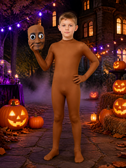 Brown Full Body Jumpsuit Costume with Face Mask, Long Sleeve Halloween Cosplay Costume Masks detail 2