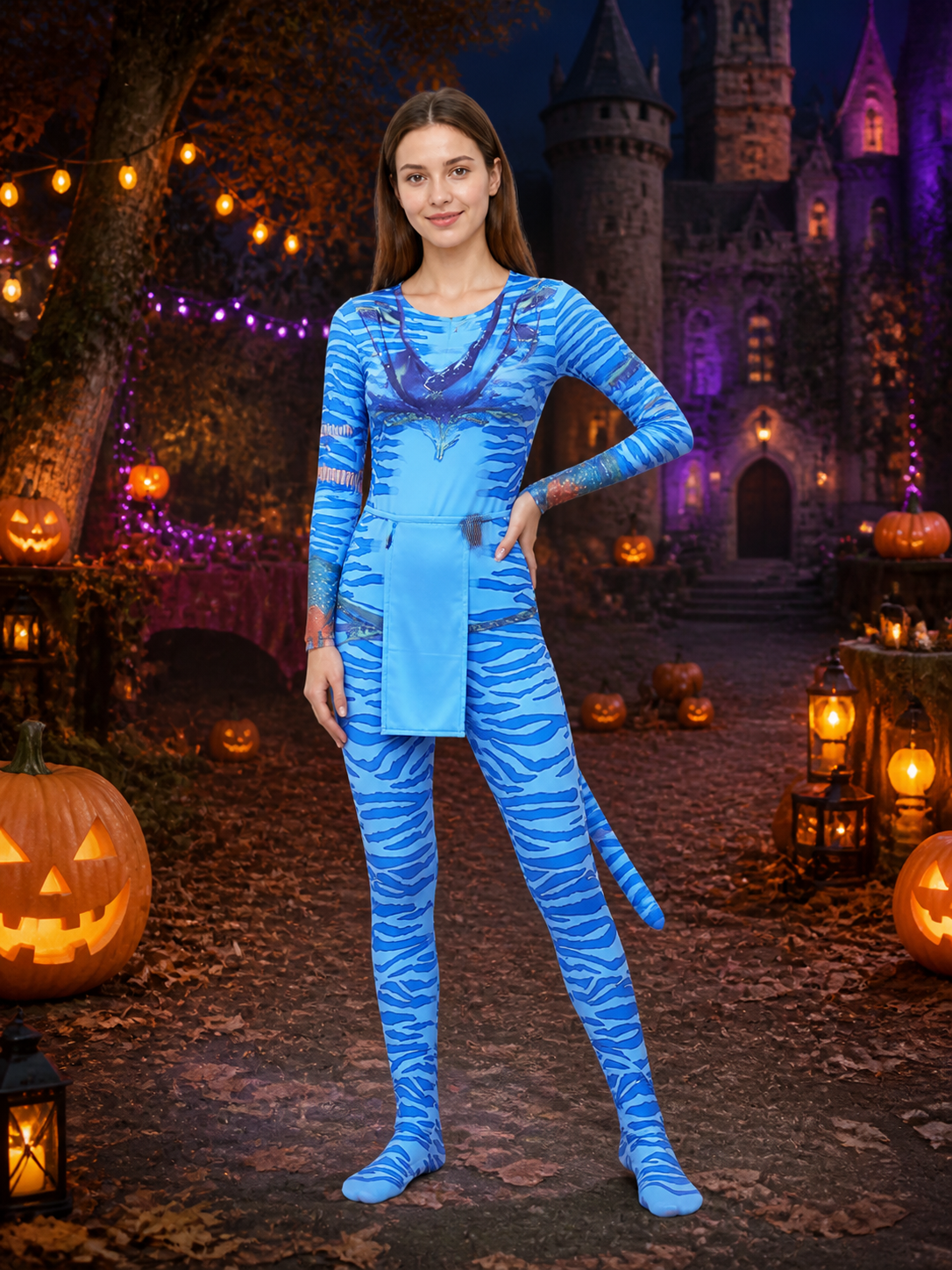 Adult Blue Alien Camouflage Bodysuit Costume, Footed Long Sleeve With Tail on-model Halloween scene view