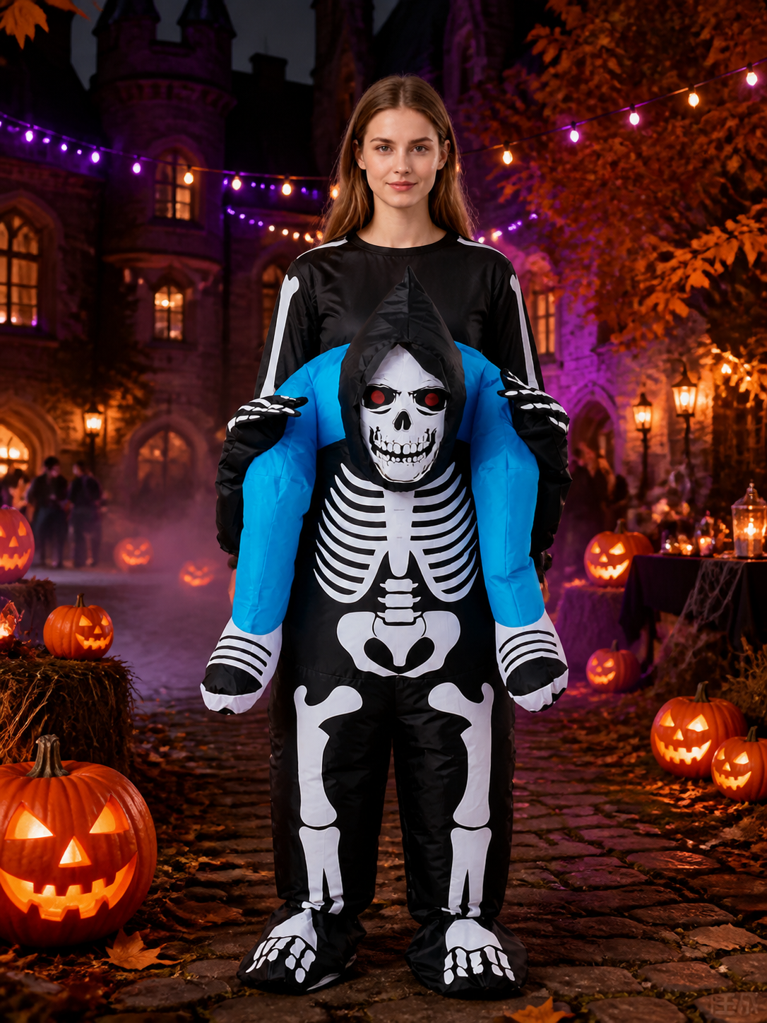 One-Piece Skeleton Costume with Head Mask, Blue Wings, and Attached Hands and Costume Masks detail 2
