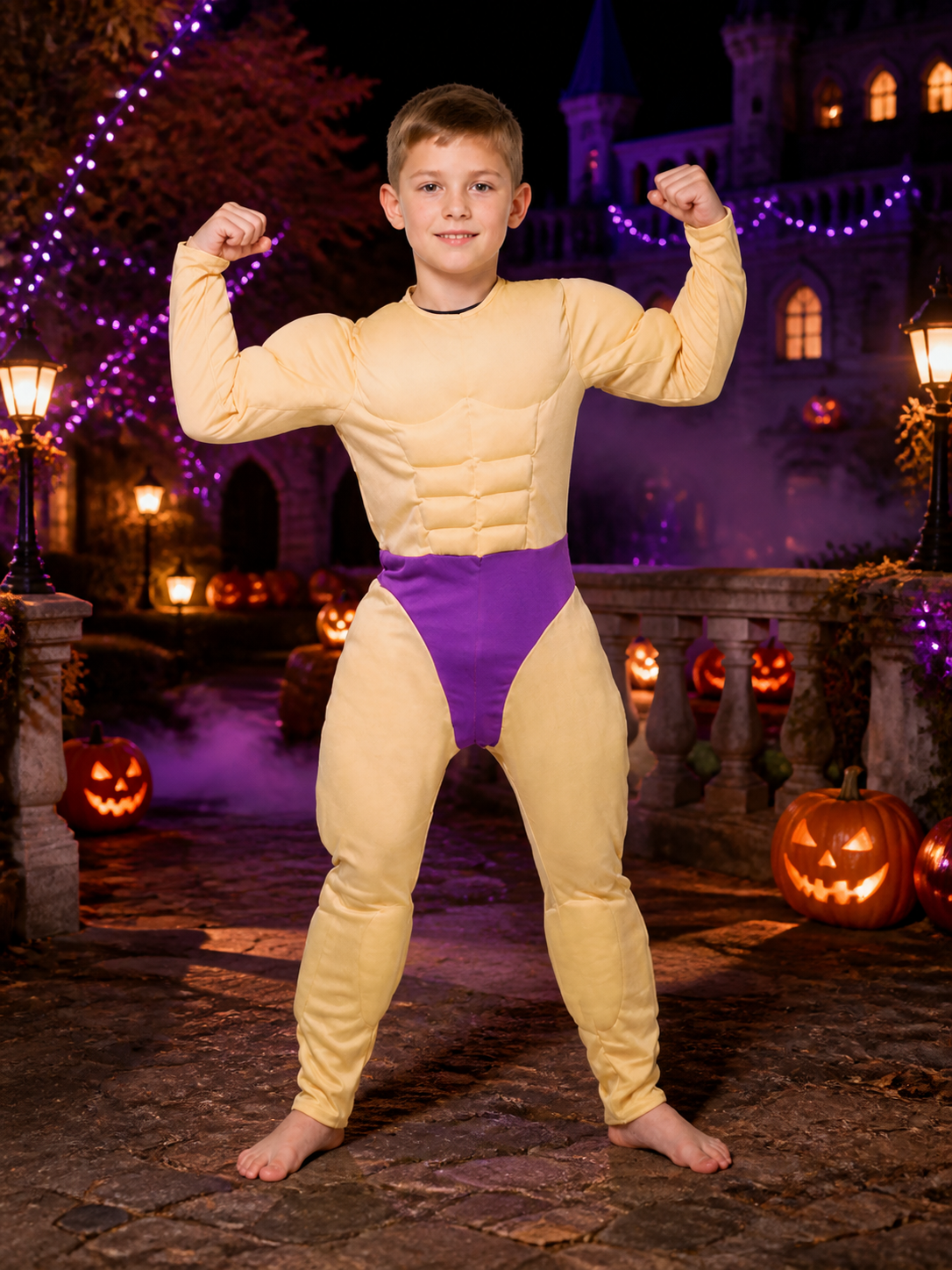 Kids' Funny Padded Muscle Bodysuit Costume, Yellow and Purple Halloween Cosplay Costumes detail 2