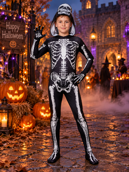 Black and White Skeleton Halloween Costume with Hood