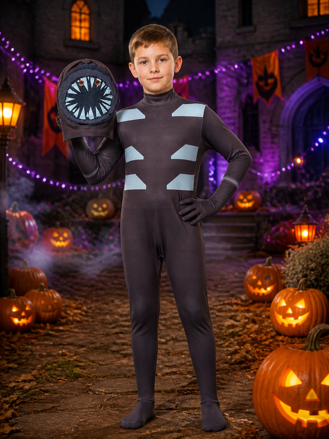 Children's Doors Themed Full Body Bodysuit Costume with Geometric Print Mask on-model Halloween scene view
