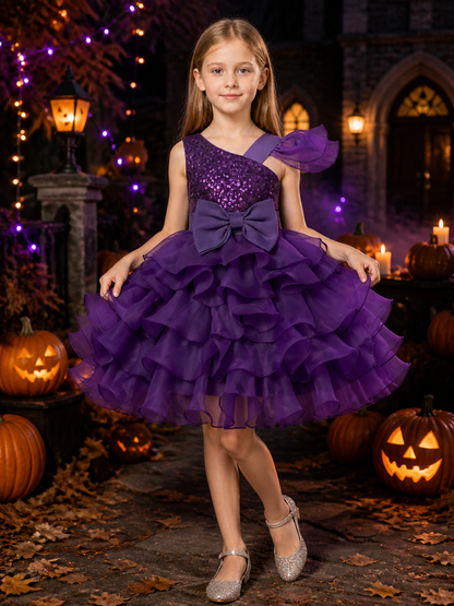 Toddler Girls' Purple Princess Dress, Sequined Layered Ruffle Bow Gown Costume Dresses detail 2