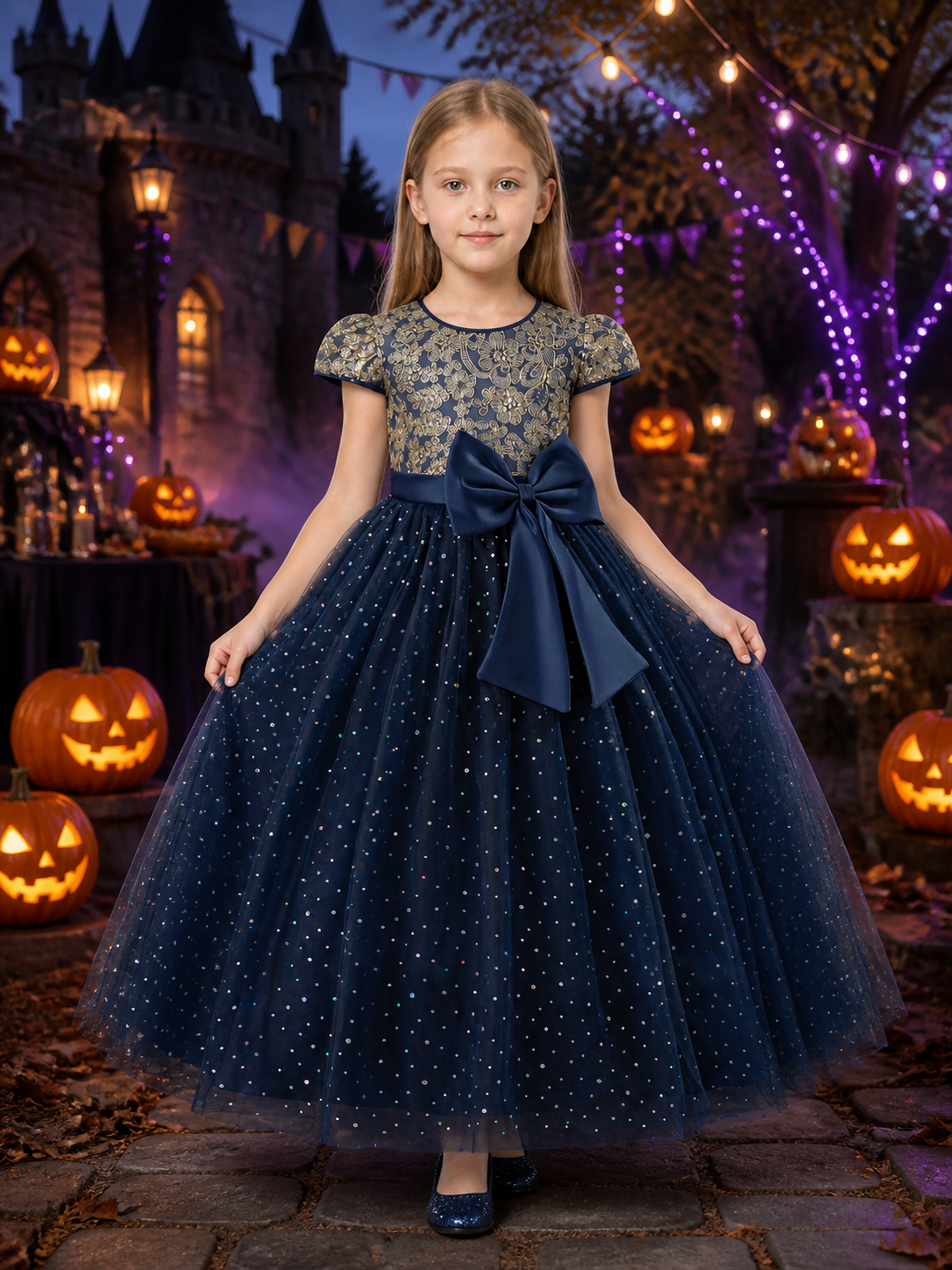 Girls' Navy Blue Princess Party Dress with Gold Embroidery, Bow, and Glitter Dot Costume Dresses detail 2