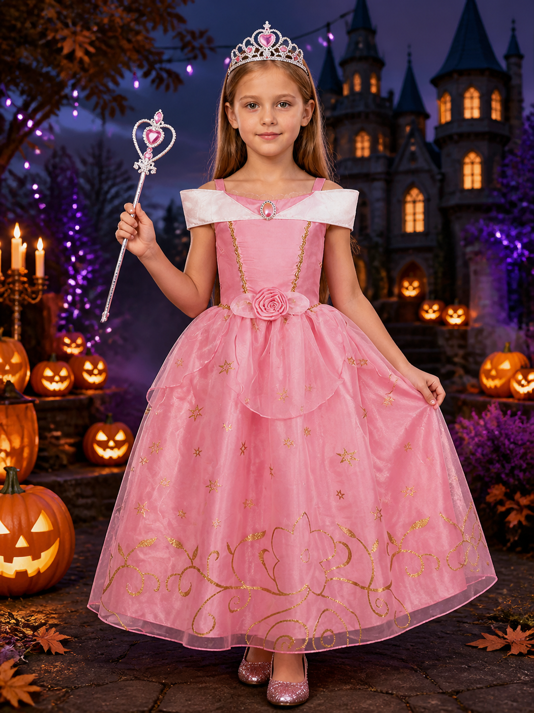 Girls Princess Costume Set - Pink Tulle Dress, Crown & Wand, Gold Star Decor for Costume Dresses detail 2