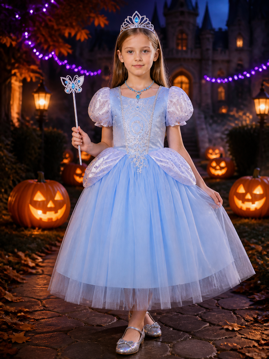 Girls Cinderella Costume Dress, Blue Tulle Princess Ball Gown Set with Tiara Costume Dresses detail 2
