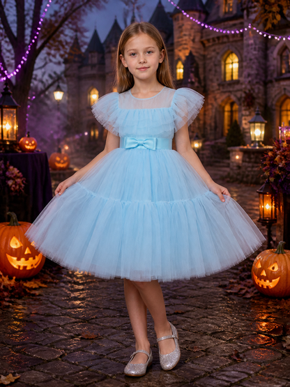 Girls' Light Blue Princess Dress, Square Neck Puff Sleeve Layered Tulle Gown Costume Dresses detail 2