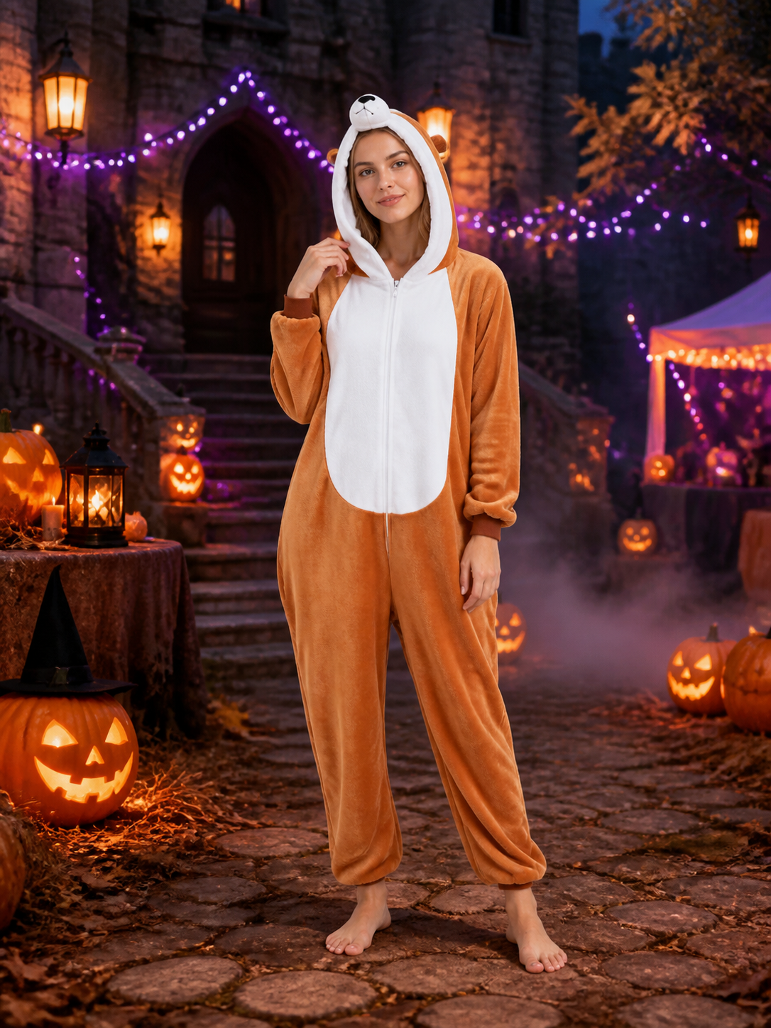 Orange And White Hooded Cartoon Animal Jumpsuit Costume With Tail Costumes detail 2
