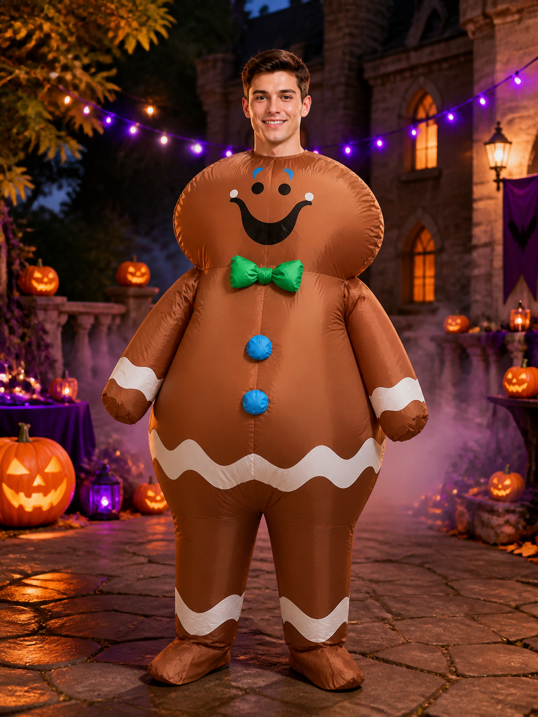 Adult Inflatable Gingerbread Man Costume with Santa Hat and Bow Tie, Funny Costume Headwear detail 2