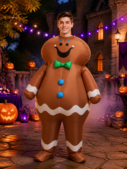 Adult Inflatable Gingerbread Man Costume with Santa Hat and Bow Tie, Funny Costume Headwear detail 2