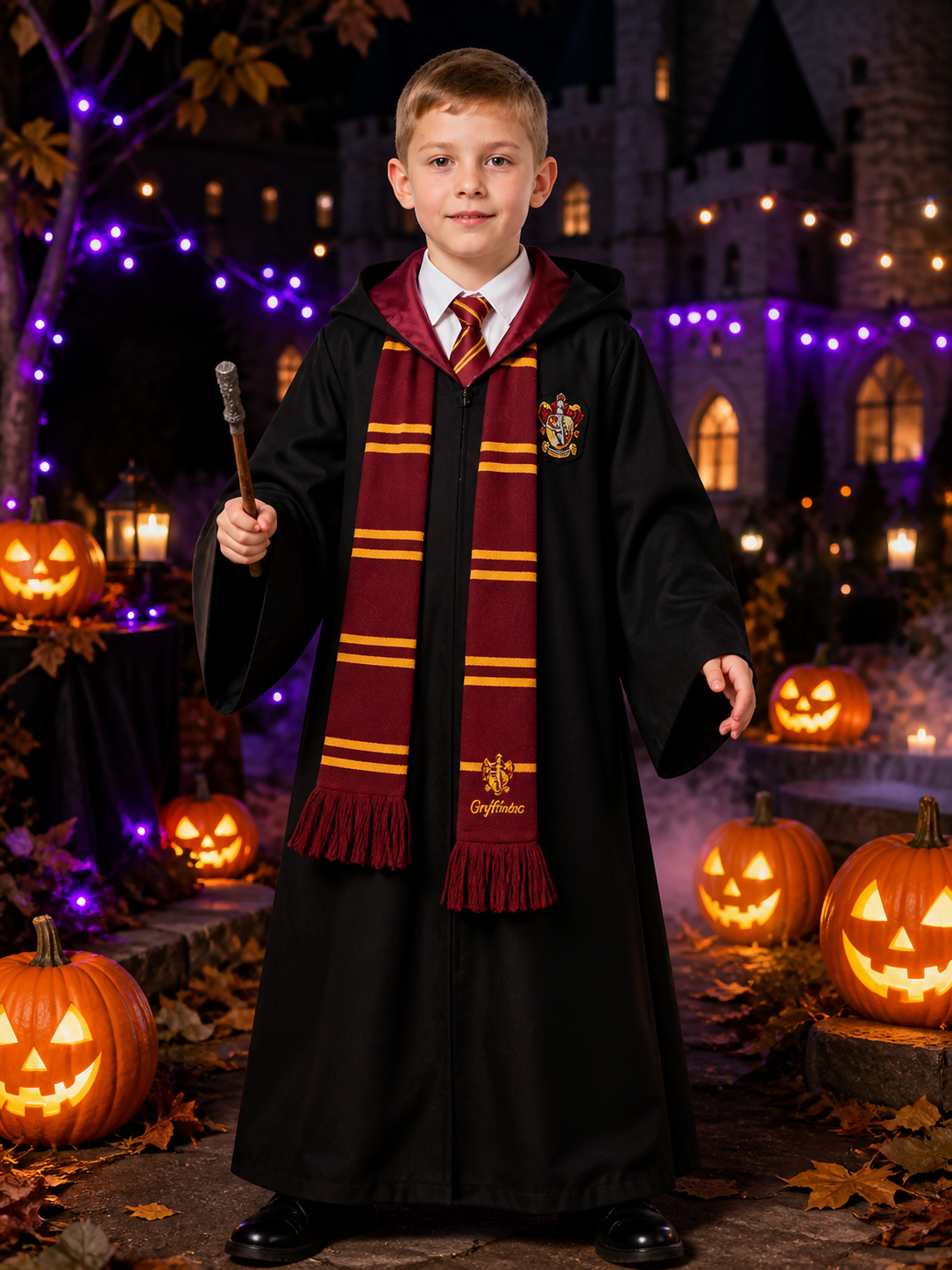 Academy Wizard Hooded Robe Costume Set With Tie, Scarf, Shirt And Wand Costume Accessories detail 2