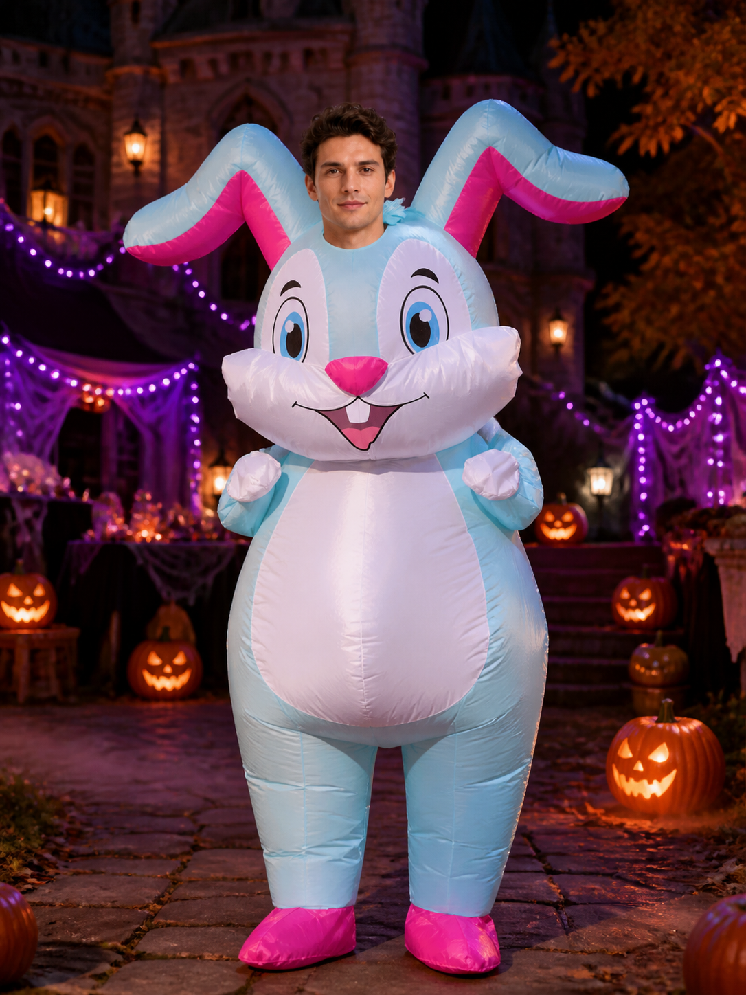Unisex Cartoon Blue Rabbit Inflatable Costume, Easter Bunny Outfit for Party Costumes detail 2