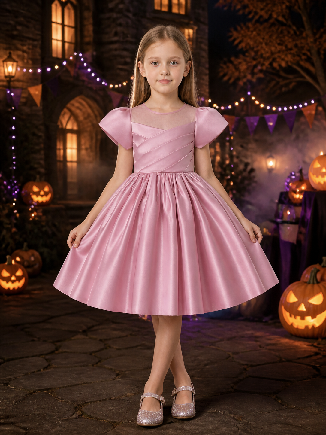 Girls' Pink Satin Princess Dress, Lace Square Neck, Short Sleeves, Full Skirt Costume Dresses detail 2