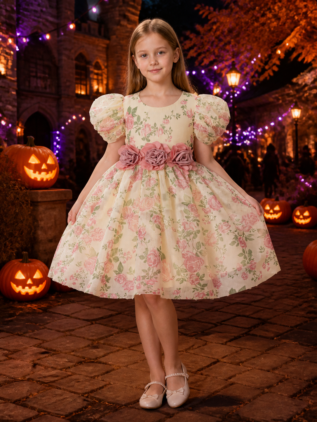 Baby Girls Floral Princess Dress, Puff Sleeves, 3D Flower Waist Detail Costume Dresses detail 2