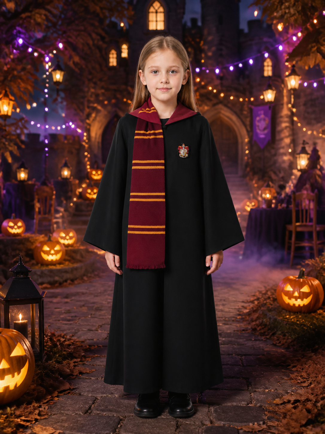 Kids Wizard Robe Costume Set with Striped Scarf, Black, Red and Gold Costumes detail 2