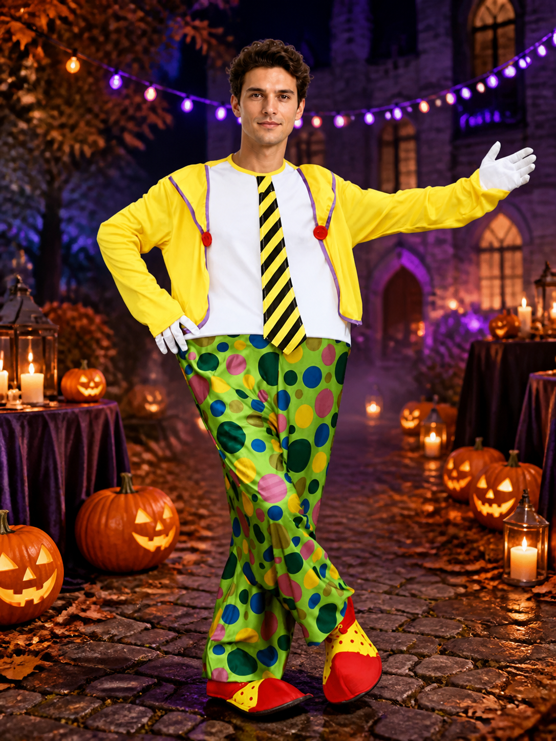 Unisex Clown Jumpsuit Costume Set with Vest & Tie, Halloween Outfit Costumes detail 2