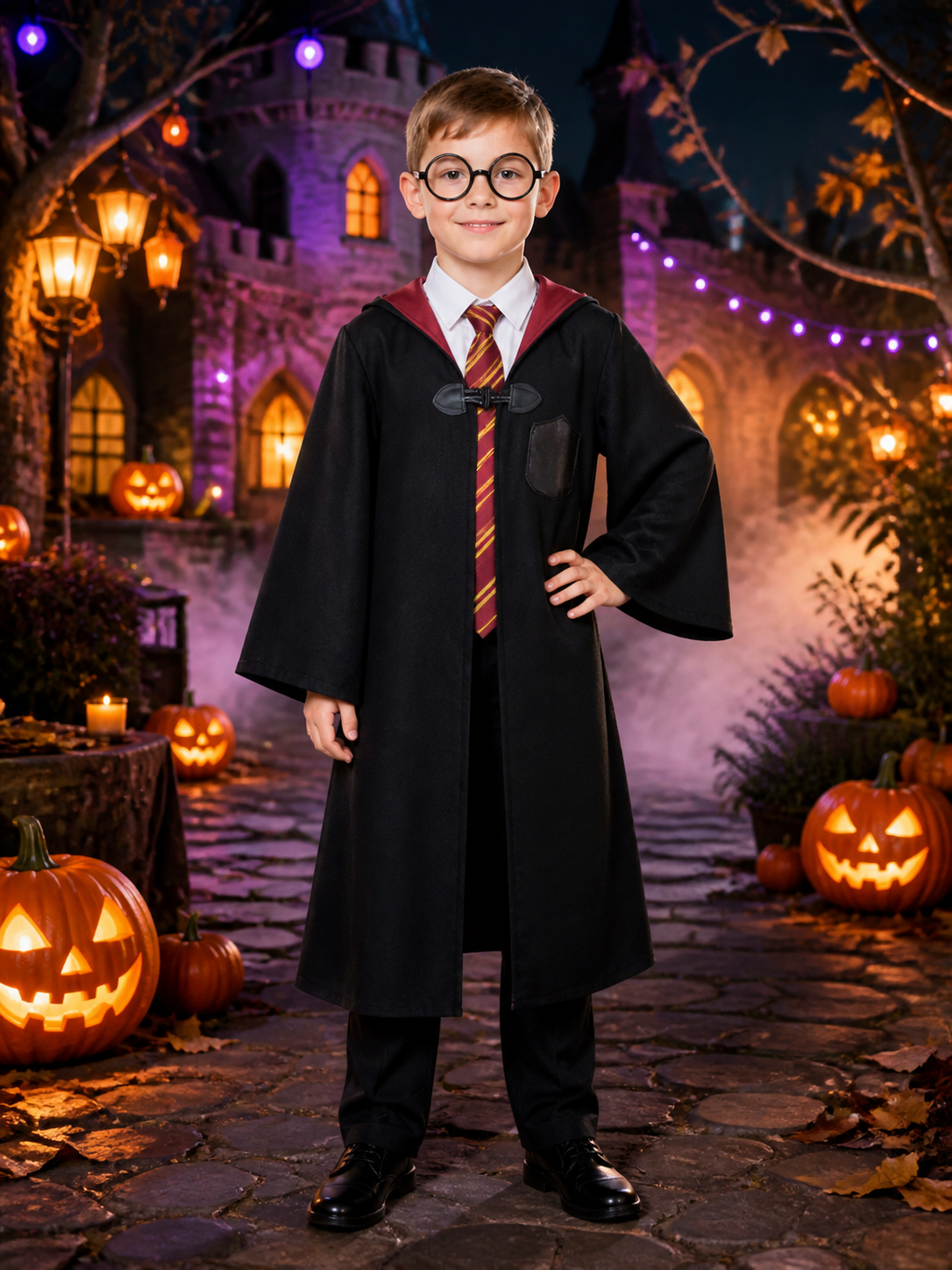 Kids Gryffindor Wizard Costume Set With Hooded Robe, Shirt, Pants, Tie And Costumes detail 2