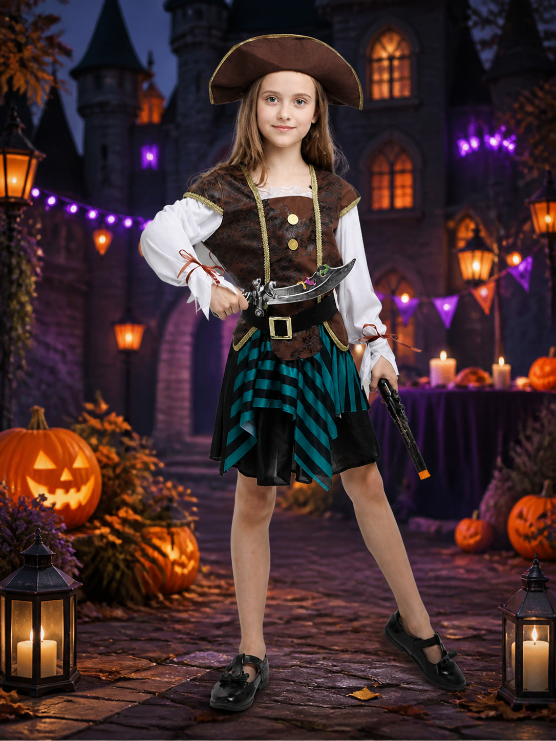 Kids Pirate Captain Costume Set with Striped Skirt, Vest, Hat and Belt Costume Headwear detail 2