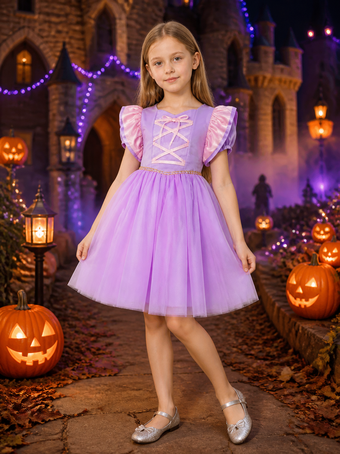 Girls Sofia Princess Purple Tutu Dress with Puff Sleeves and Cross Lace-Up Costume Dresses detail 2