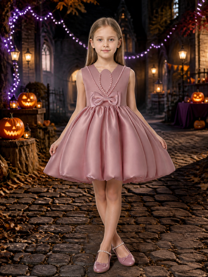 Girls' Dusty Pink Princess Formal Dress, Sleeveless Bow and Pearl Chain Detail Costume Dresses detail 2