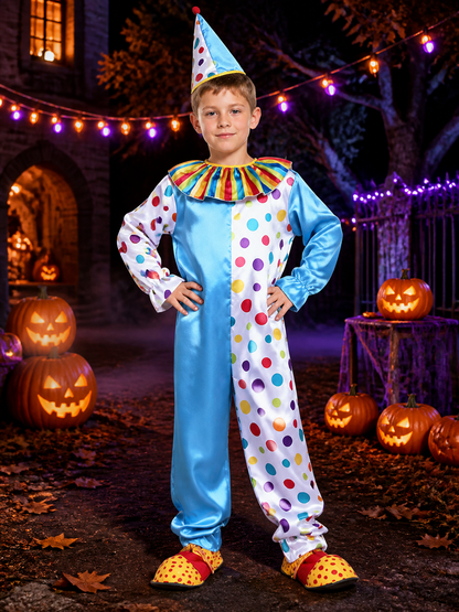 Kids' Multicolor Clown Jumpsuit Costume With Polka Dot Cone Hat, Long Sleeve Costume Headwear detail 2
