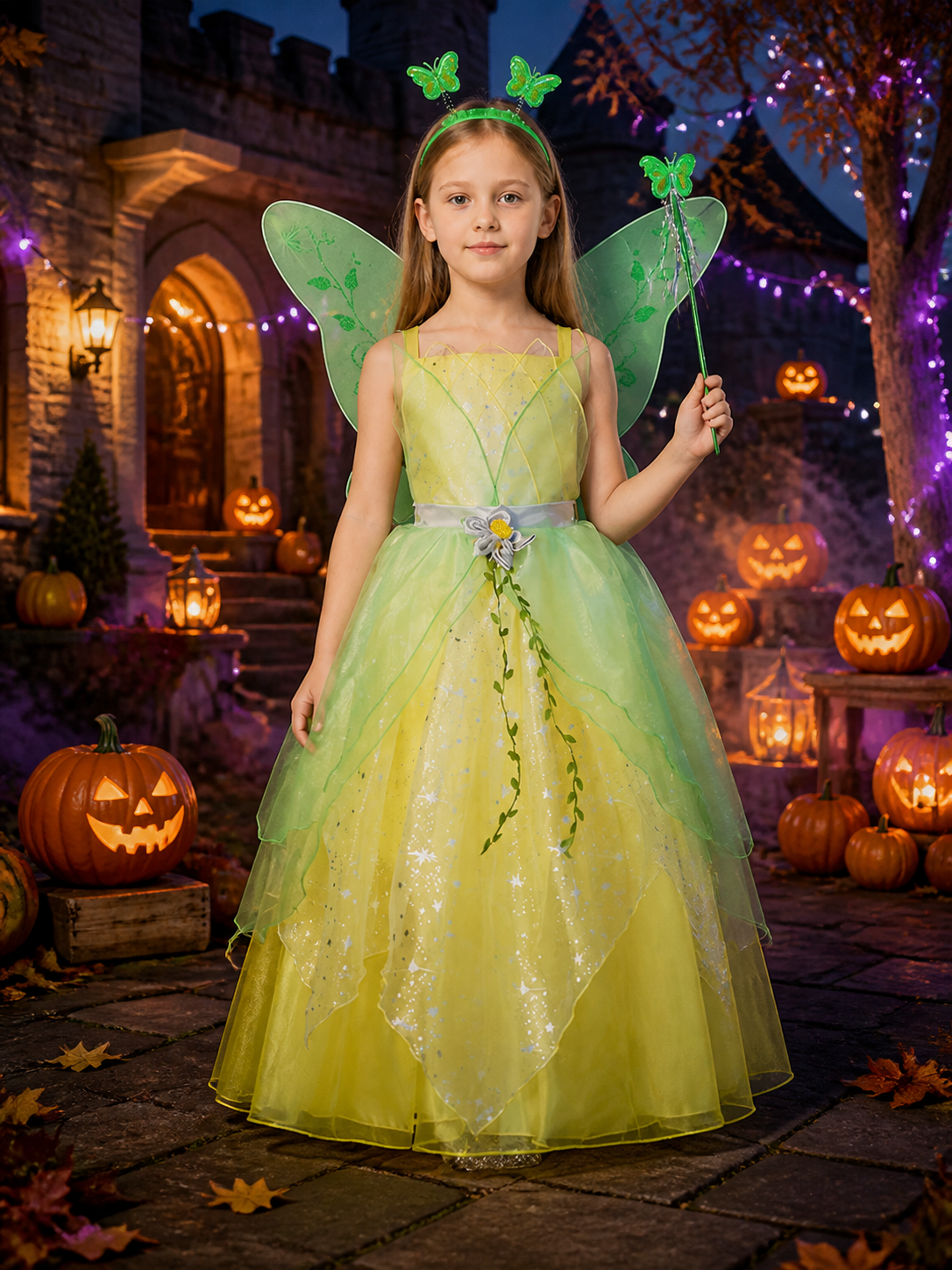 Girls' Fairy Princess Costume Dress with Butterfly Wings and Green Vine Pattern