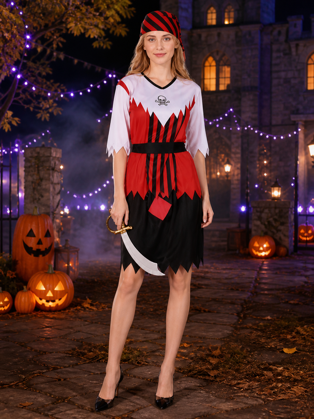 Unisex Adult Pirate Costume Set with Skull Print Top, Jagged Hem Skirt, Red